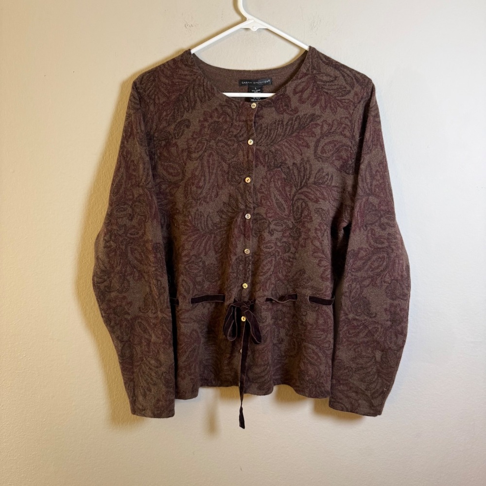 Sarah Spencer Brown Paisley Lambswool Angora Cardigan Sweater Velvet Tie Large